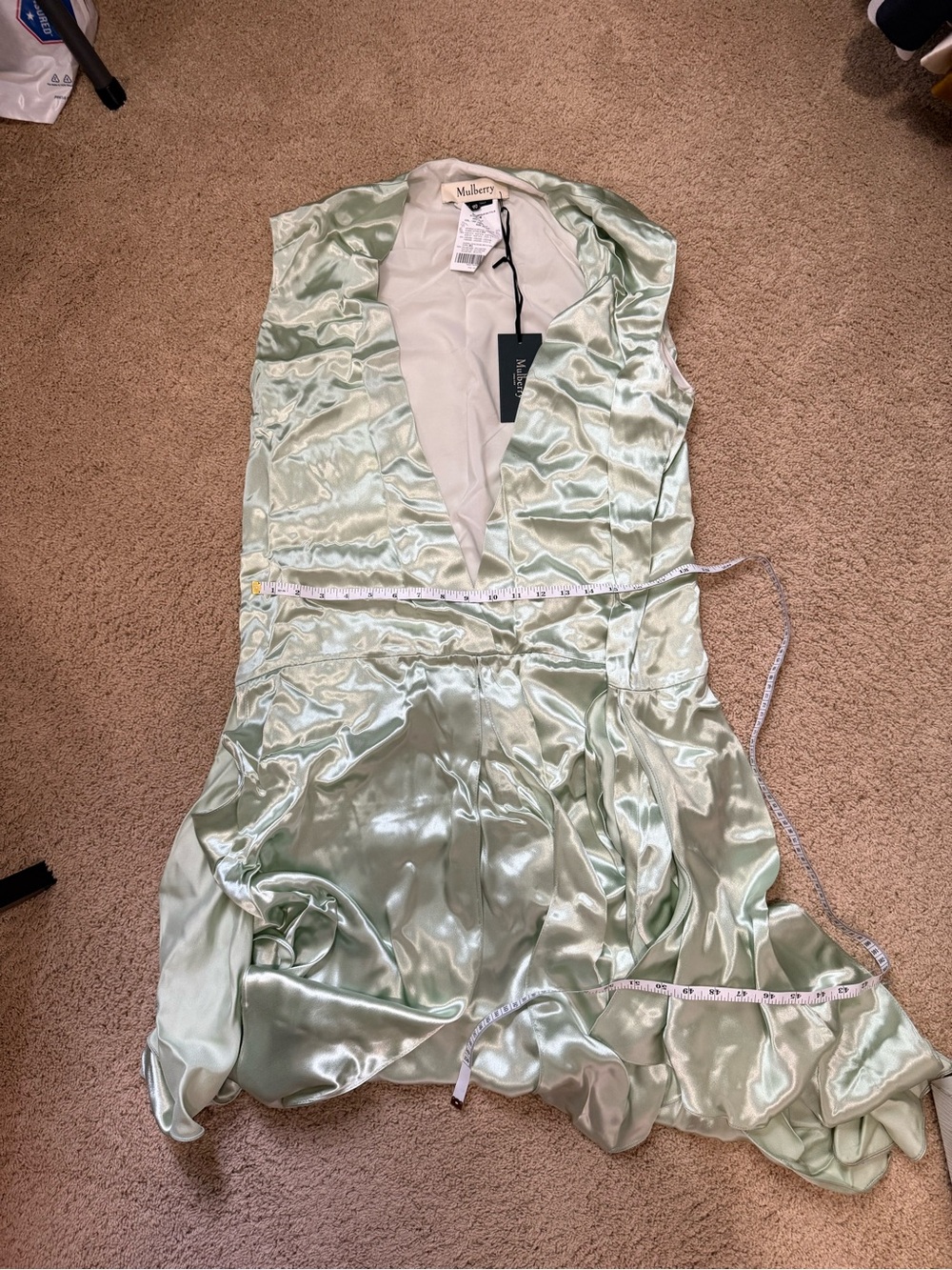Mulberry Mia Dress Light Pastel Green Satin Crepe Deep V Neck IT 40